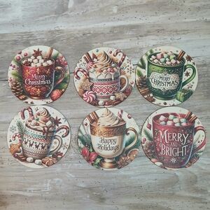 6pc Wooden Christmas Coasters Festive Hot Chocolate Print Wood Round